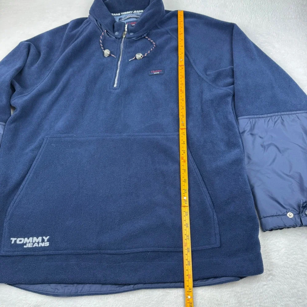 Vintage Tommy Jeans Fleece Pullover Mens Large Navy Blue 1/4 Zip Packable Hood
